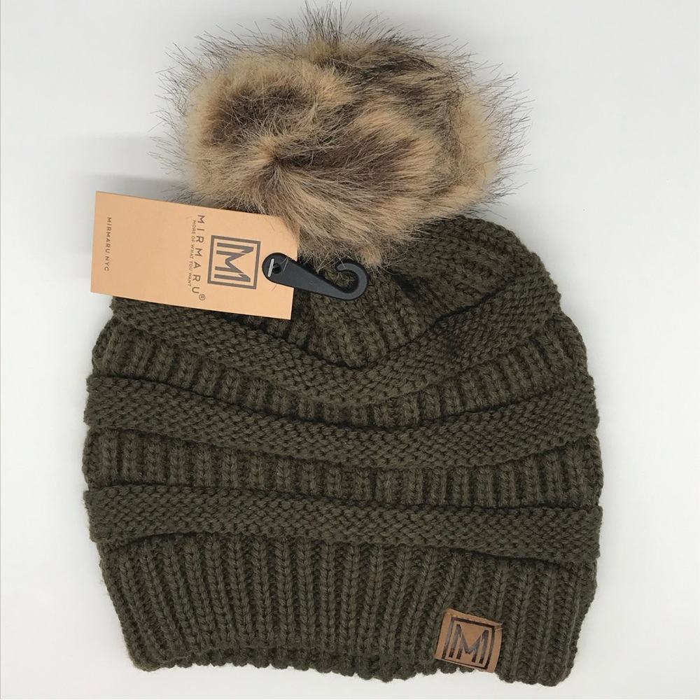 Mirmaru Knit Hat Faux Fur PomPom NWT Olive Green Brown